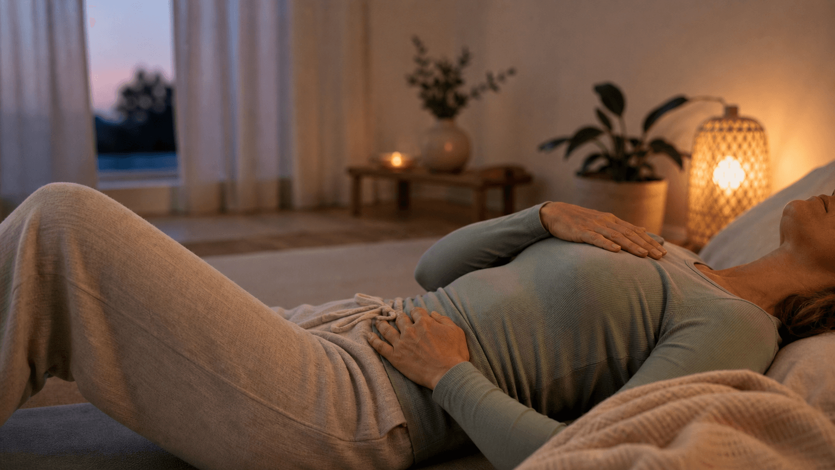 A relaxed person practicing slow 4-7-8 breathing in a calm bedroom at dusk
