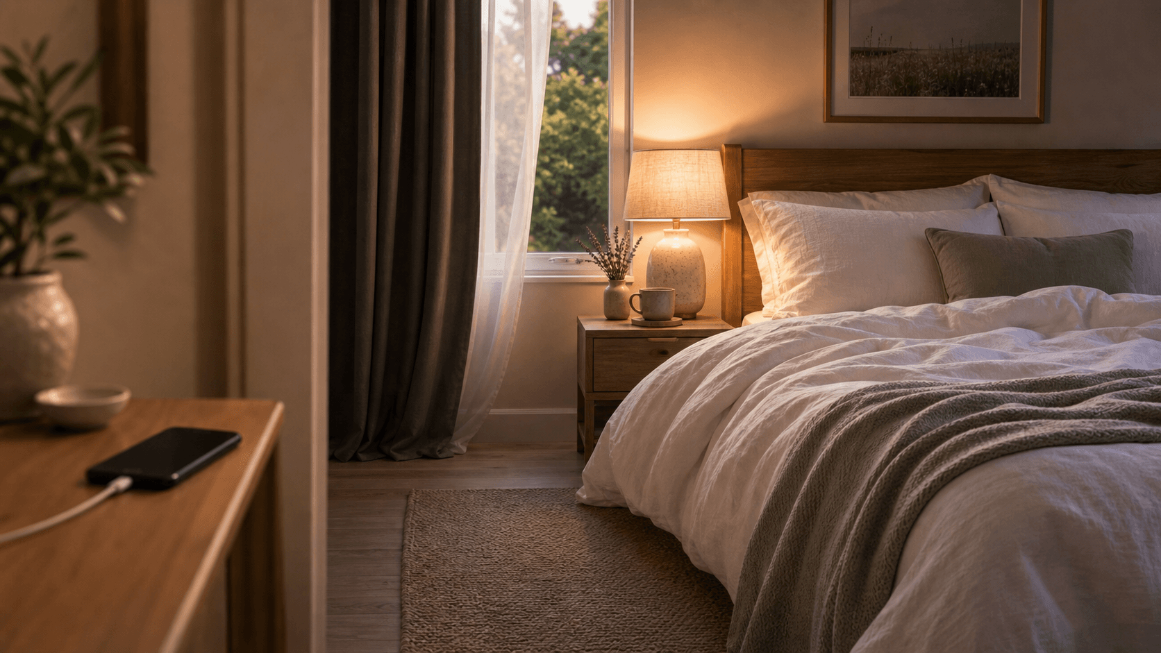 A softly lit cozy bedroom with crisp white linen, a warm bedside lamp, and a small herbal tea on the nightstand