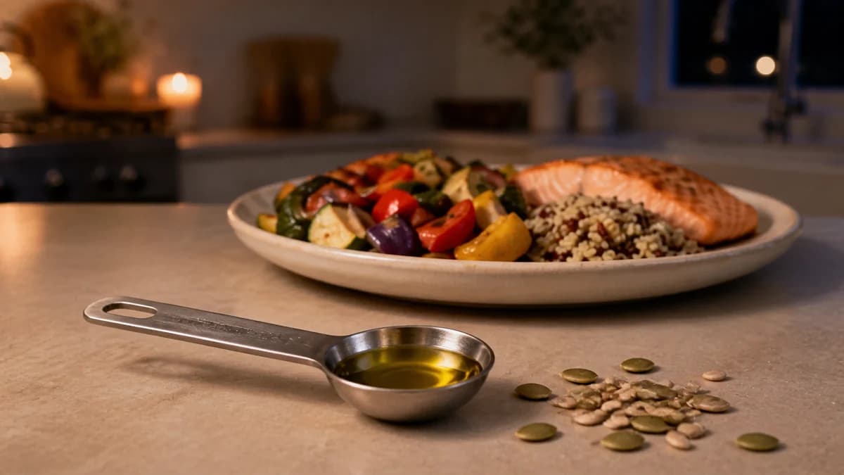 A measured spoonful of olive oil and a small scatter of seeds beside a prepared plate