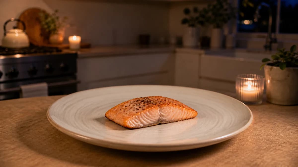 A palm-sized portion of baked salmon placed first on a ceramic dinner plate