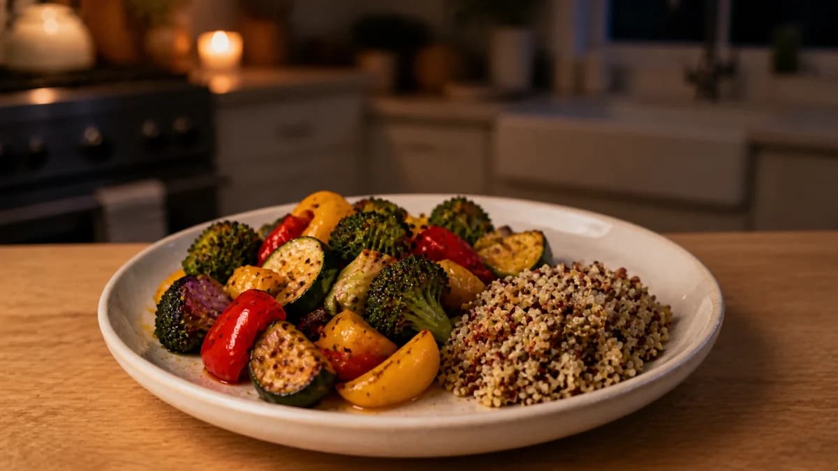 A small cupped-handful portion of cooked quinoa beside roasted vegetables