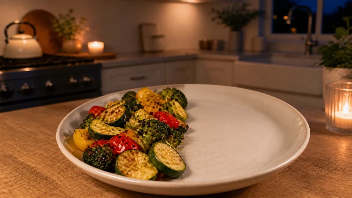 Roasted broccoli, courgette and peppers filling half of a dinner plate