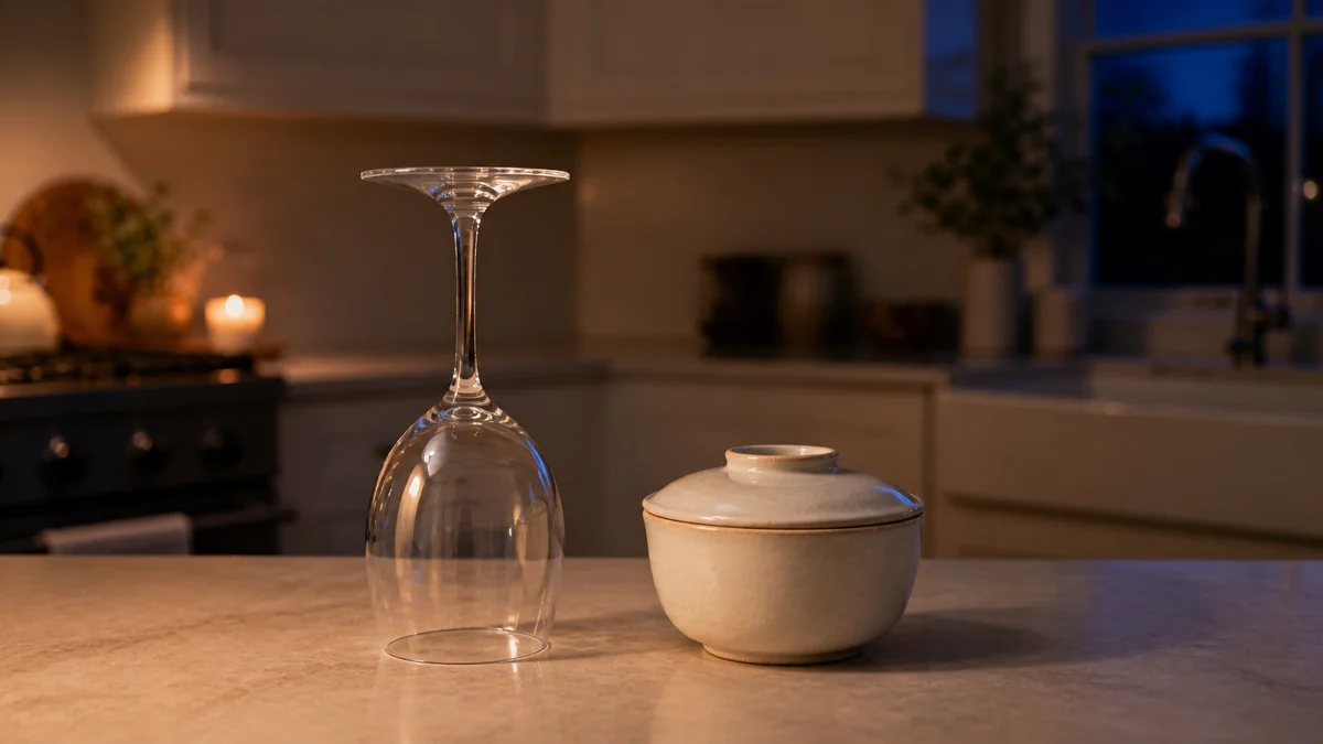 A wine glass turned upside down beside a covered dessert bowl on a kitchen counter at dusk