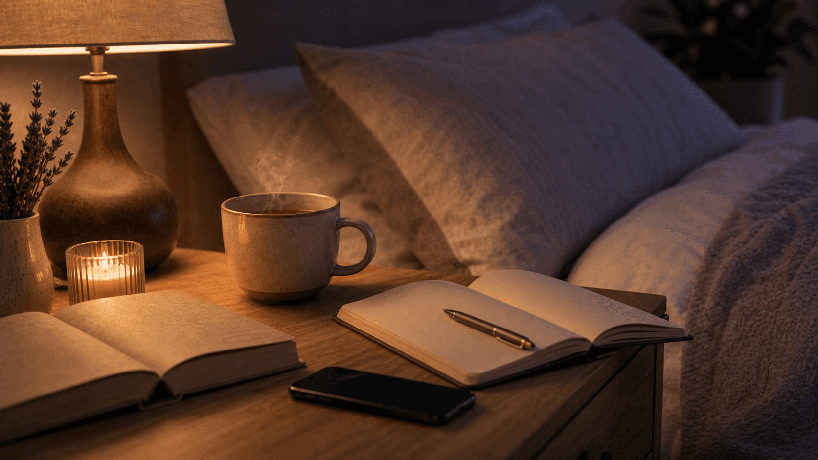 A bedtime wind-down setup with a book, notebook, tea, and phone face down