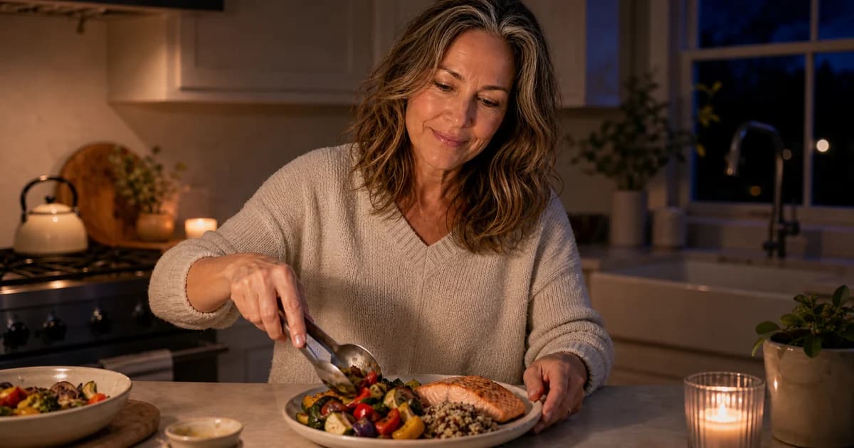 Olivia assembling a balanced evening plate of salmon, roasted vegetables and a small portion of grains in a warmly lit kitchen