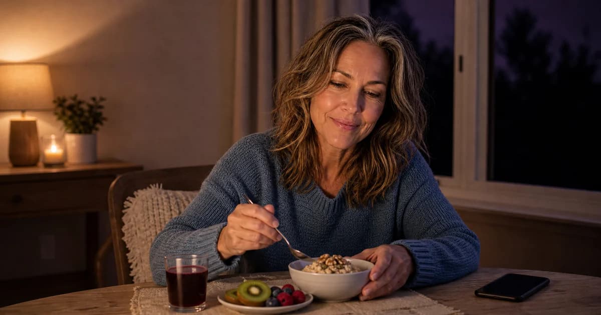 Olivia choosing a small evening plate of oats, berries, pumpkin seeds, kiwi, and yogurt in a calm dim kitchen