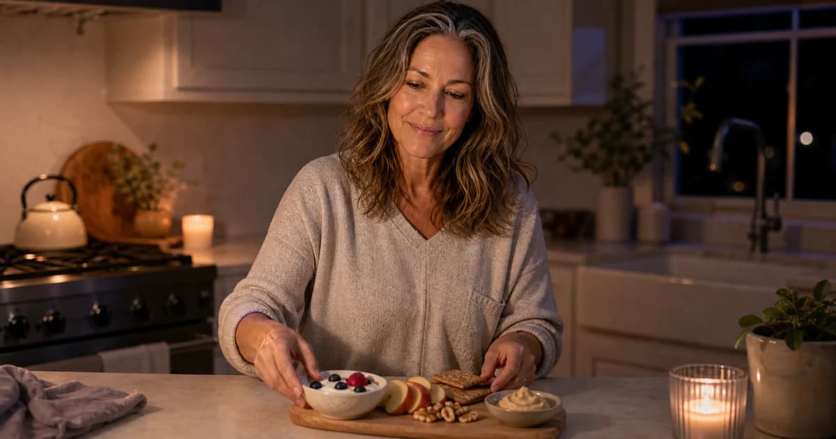 Olivia preparing a small bedtime snack of berries, yogurt, nuts, and whole-grain crackers in a softly lit kitchen