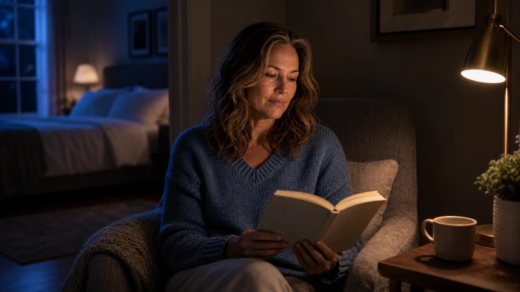 Olivia reading quietly in a dim chair away from the bed during a nighttime waking