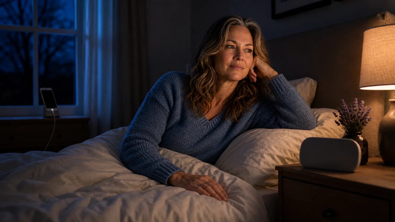 Olivia resting in bed with the clock turned away and her phone across the room