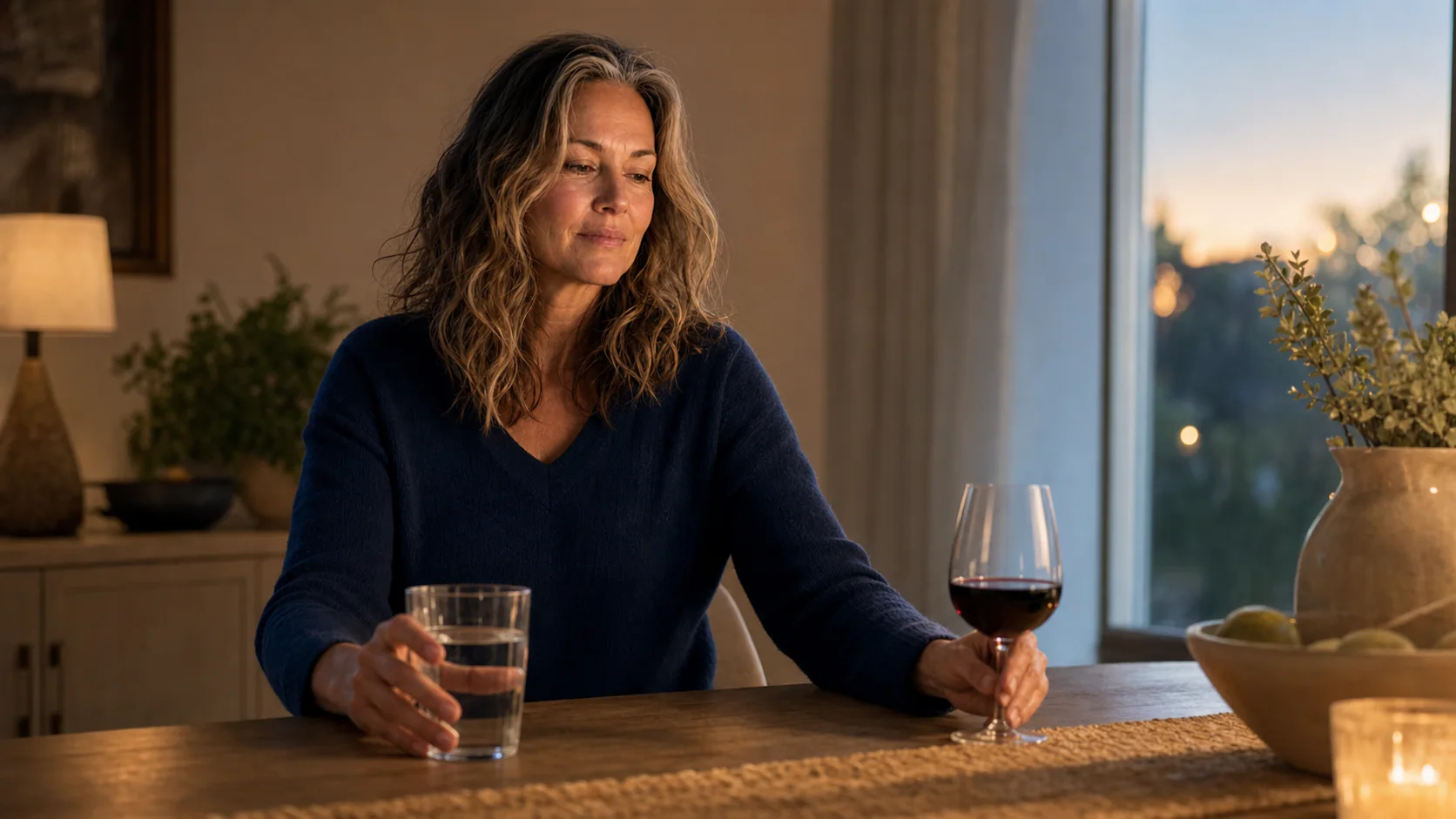 Olivia choosing water and moving her evening wine glass aside before bedtime