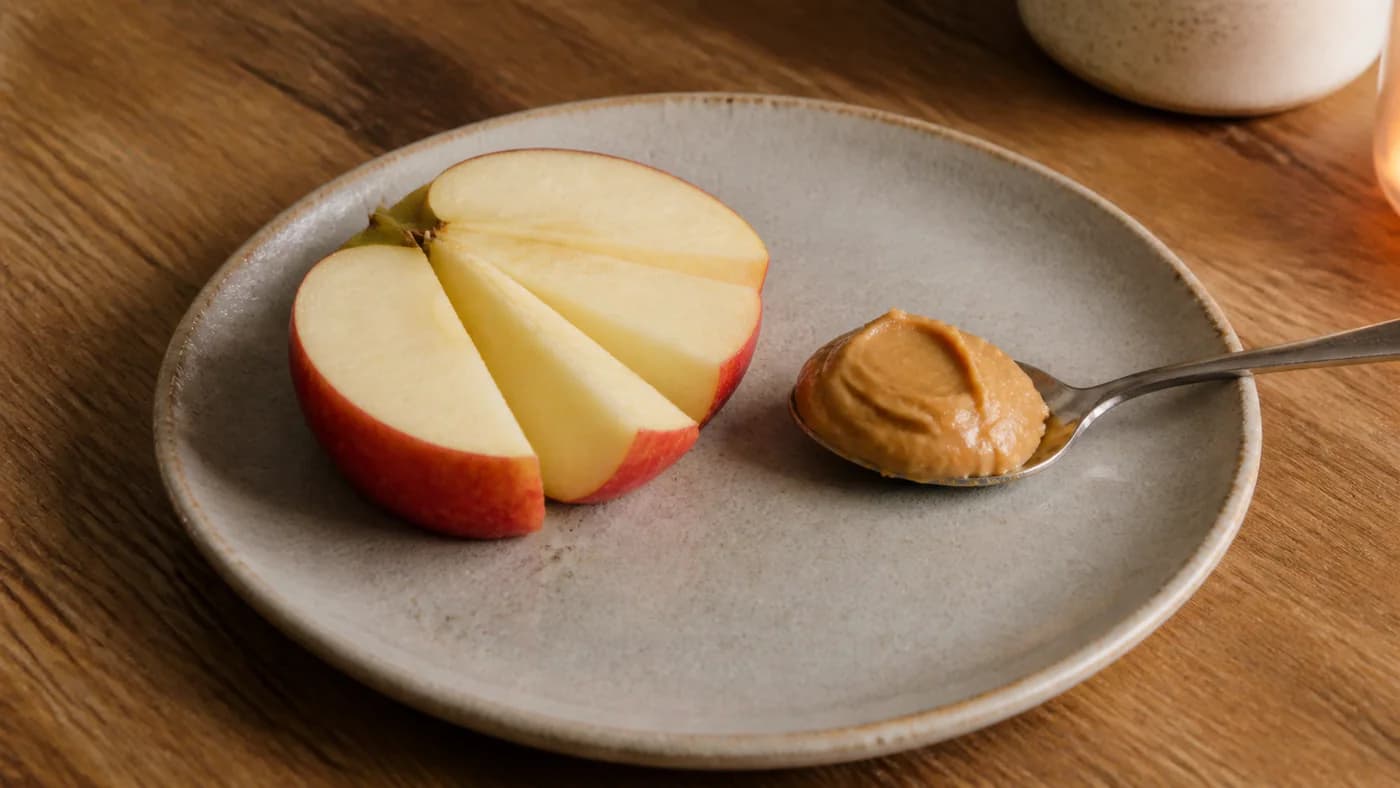 Half a sliced red apple beside one spoonful of unsweetened nut butter