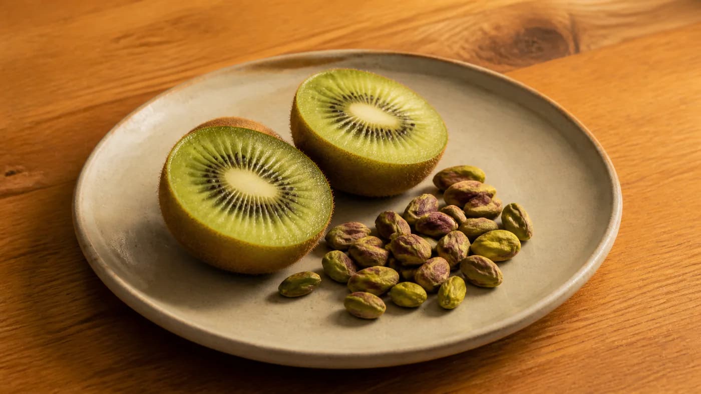 One sliced kiwi beside a small handful of shelled pistachios on a ceramic plate