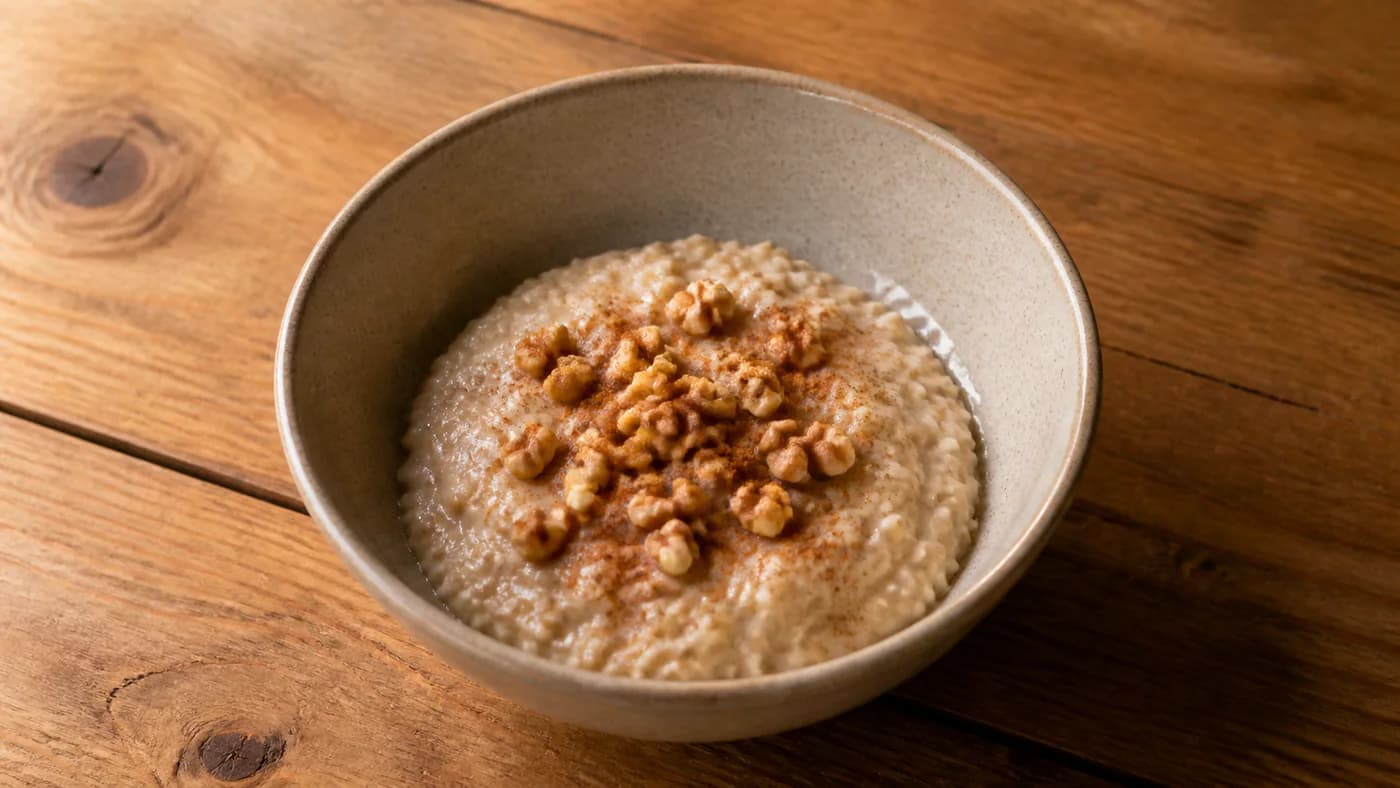 Small bowl of plain oats topped with walnuts and a light dusting of cinnamon