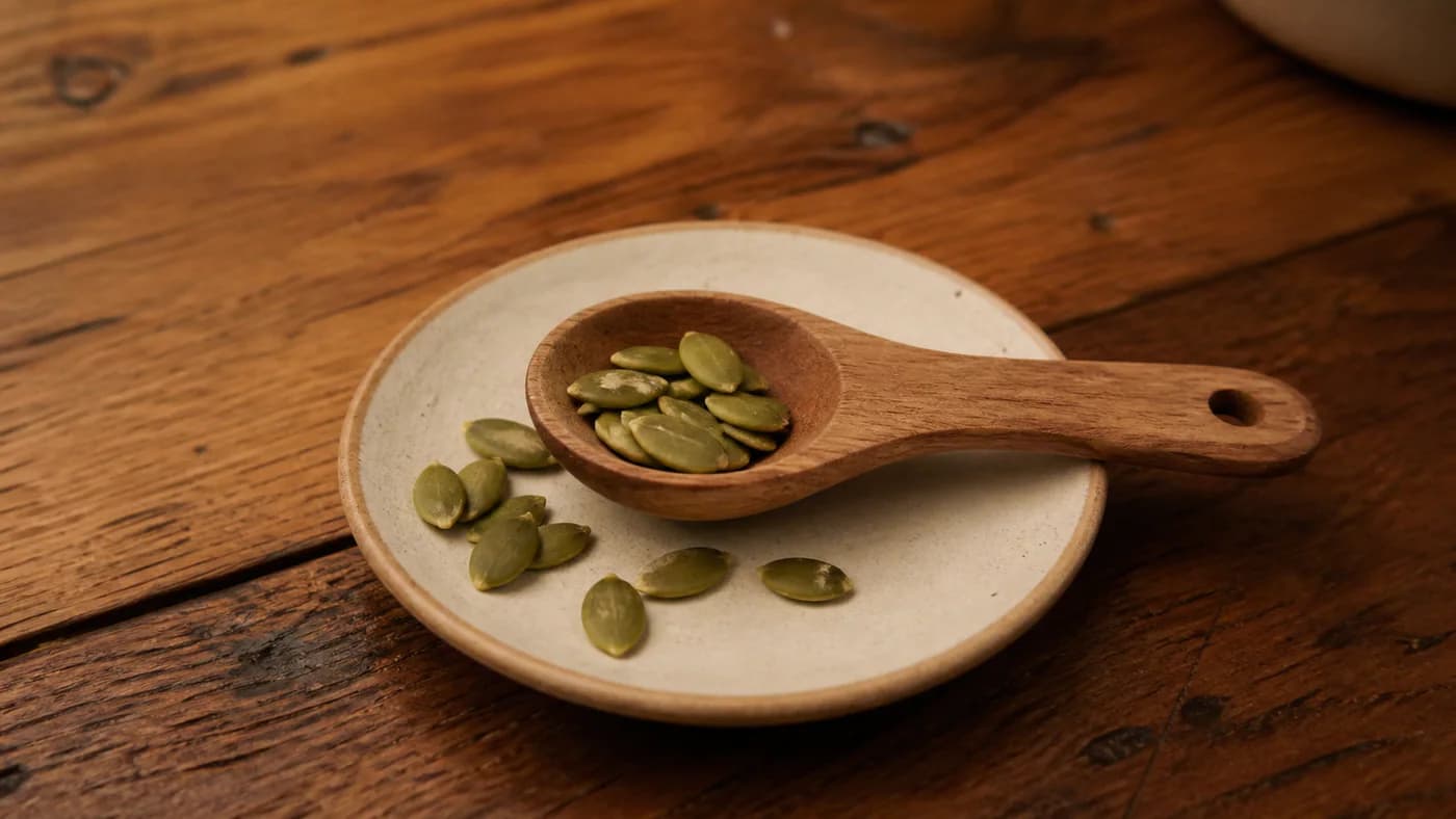 Measured serving of pumpkin seeds in a wooden spoon on a small ceramic plate