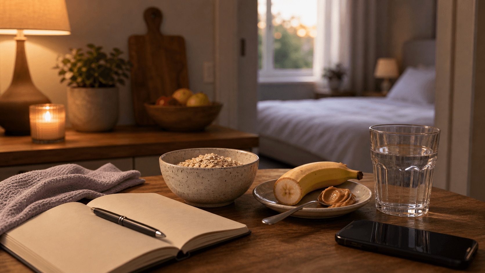 A gentle evening setup with oats, banana, notebook, and water for calmer 3 AM wake-ups