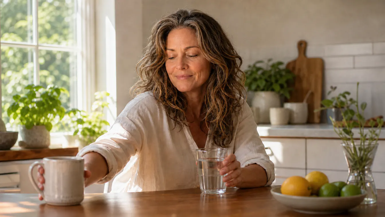 Olivia choosing water and moving her coffee mug aside in the afternoon