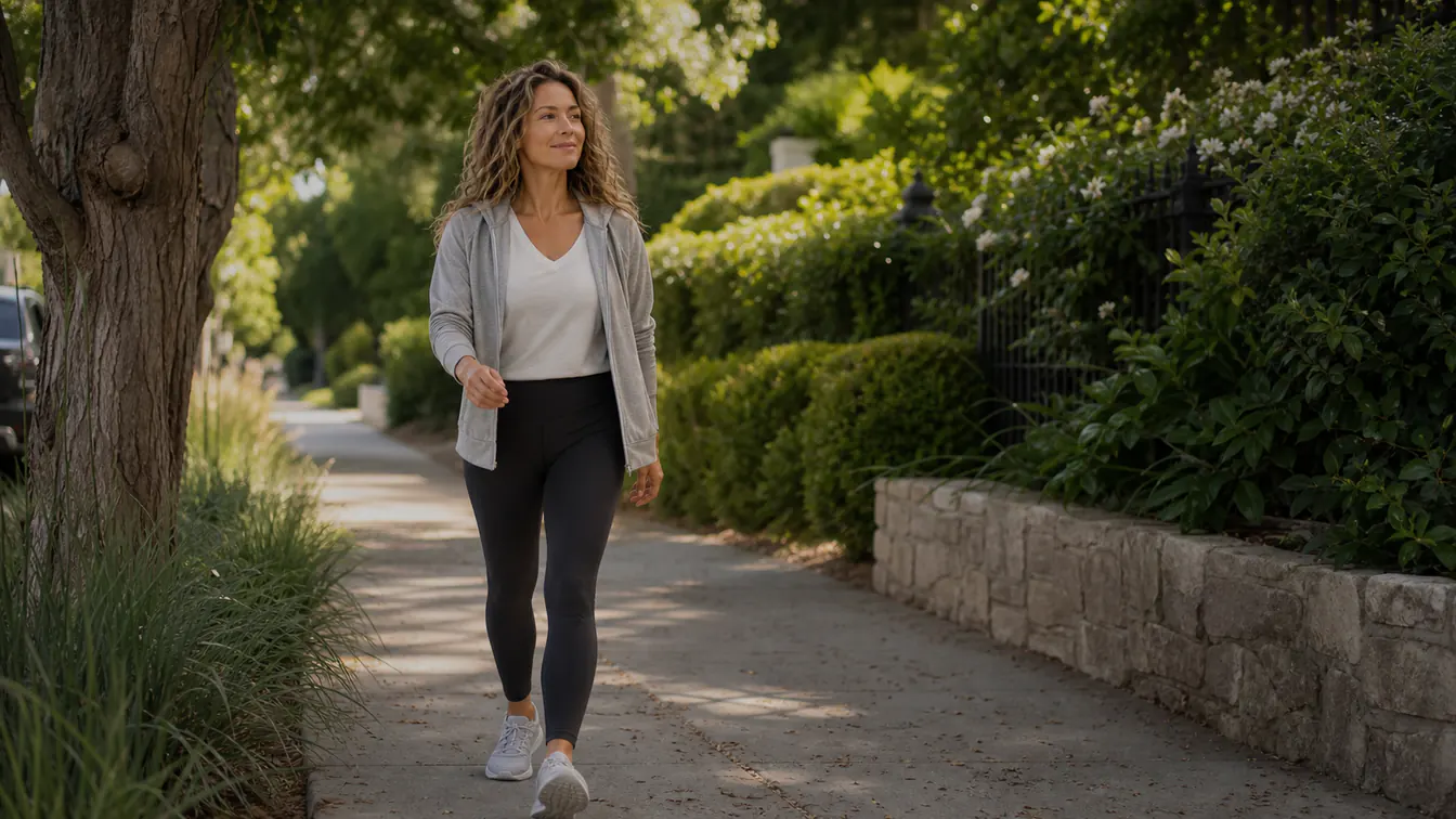 Olivia walking briskly in daylight on a leafy neighborhood path