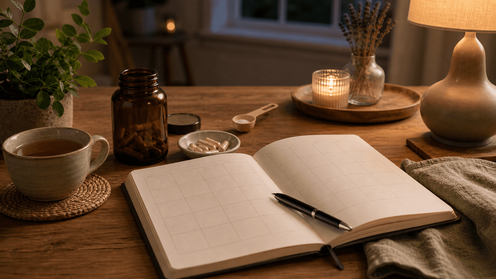 A bedside notebook with two weeks of sleep journal entries beside a small jar of magnesium glycinate capsules