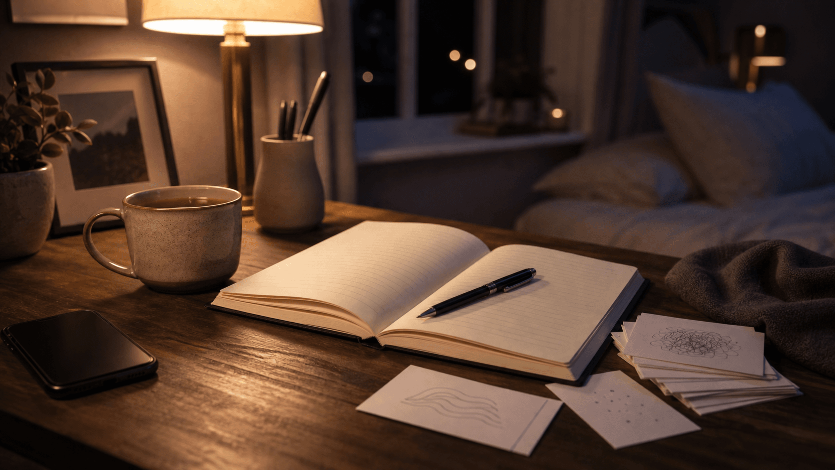 A calm evening notebook setup for a worry window and cognitive shuffling