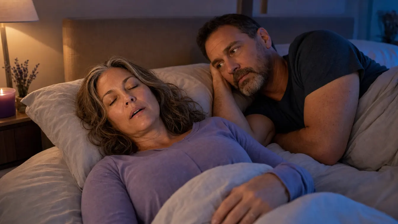 Olivia asleep while her partner notices her snoring
