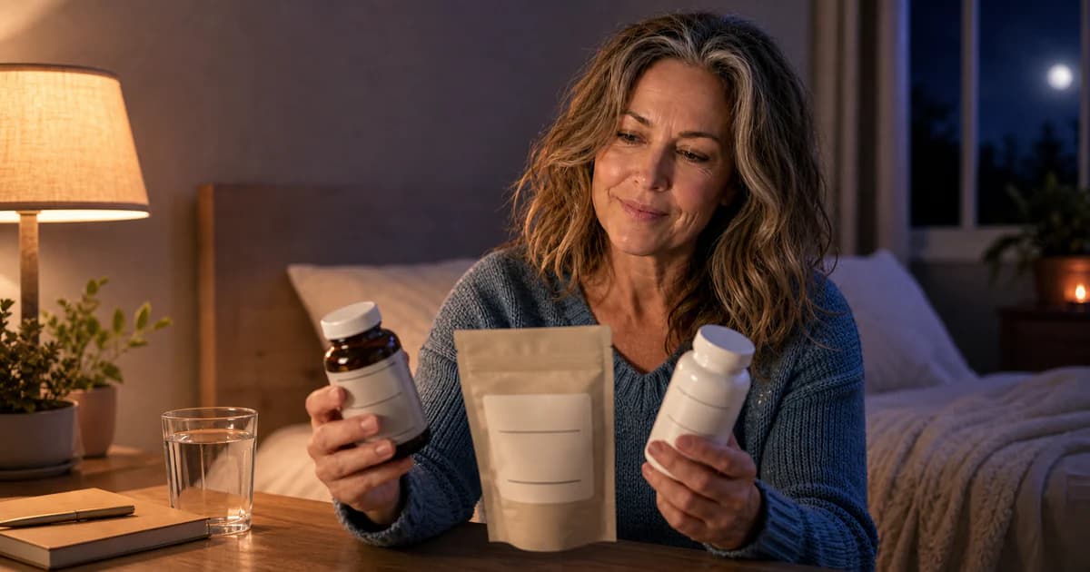 Olivia comparing three unbranded magnesium supplement bottles and their labels at a bedside table