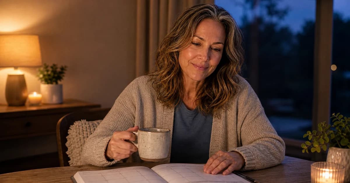 Olivia sitting with a mug and a calendar at dusk, thinking through the stages of the menopause transition