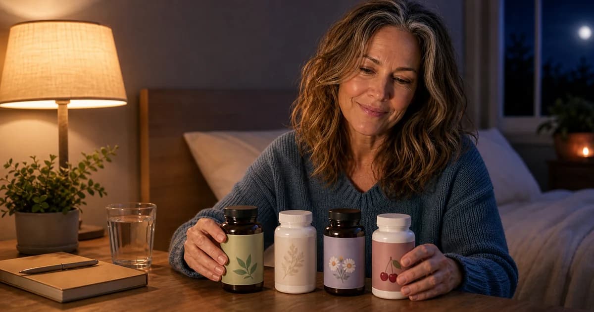 Olivia comparing four unbranded sleep supplement bottles and their labels on a warmly lit bedside table