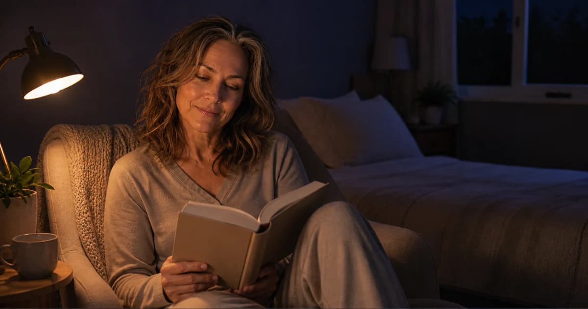 Olivia sitting in a dim reading chair outside the bed at night with a paper book and warm amber lamp